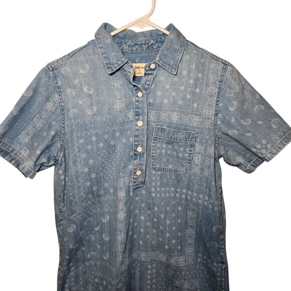 Gap Womens Blue Denim Paisley Bandana Pattern Popover Dress Pockets XS - Picture 3 of 6